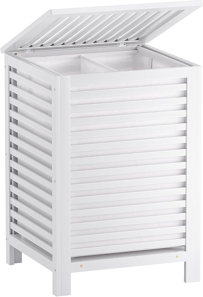 SMIBUY Double Laundry Hamper with Lid, 120L Bamboo Laundry Basket with Removable Liner Bag, 2-Section Clothes Divider Laundry Sorter for Laundry Room, Bathroom, Bedroom (White)