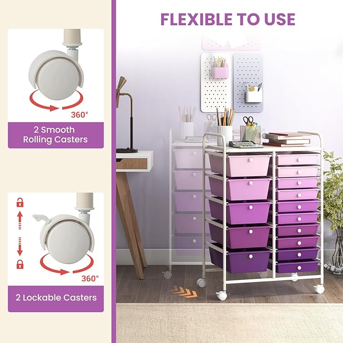 GOFLAME 15-Drawer Rolling Storage Cart, Multipurpose Movable Organizer Cart, Utility Cart for Home, Office, School, Purple Gradient