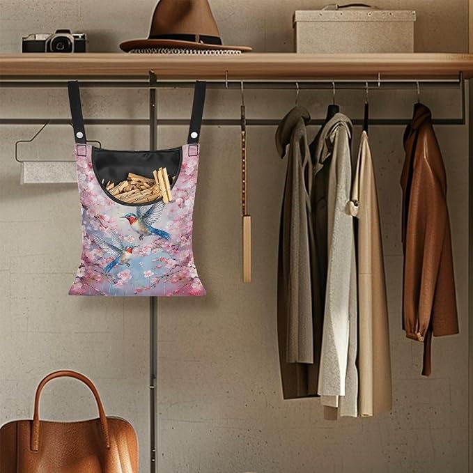 Hummingbird Clothespin Bag with Hanging Hook Cherry Blossom Clothes Pin Holder Waterproof Clothespin Storage Organizer with Large Opening Clothespin Bag for Clothesline Outdoor