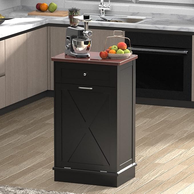 Betterhood Tilt Out Trash Cabinet 10 Gallon Wooden Free Standing Laundry Sorter, Recycling Cabinet with Hideaway Drawer, Tilt Out Trash Can Bin (Black) 35.6 H x 20.5 L x 13 W