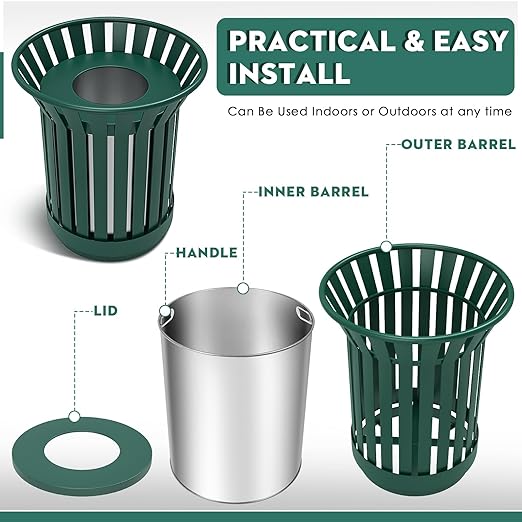 16 Gallon Round Large Outdoor Trash Can, Heavy Duty Metal Slatted Garbage Can Outdoor, All Weather Resistant Commercial Garbage Cans, Waste Receptacle in Park, School, Beach, Patio (Green, Large)