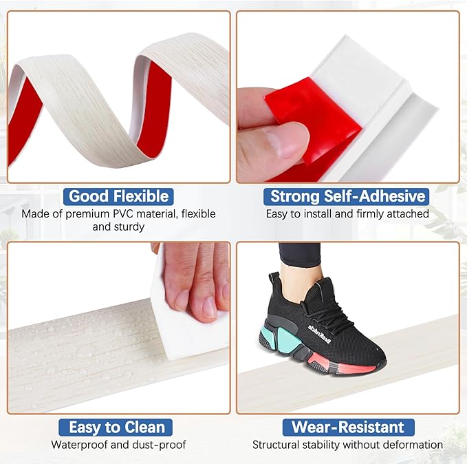 Vinyl Door Threshold Flooring Transition Strip Self Adhesive Carpet Edging Strip for Laminate Doorway Edge Threshold from 1/5" to 2/5" (Beige Wood Grain, 6.6 Ft)