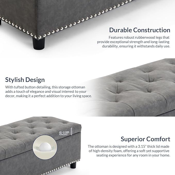 BELLEZE 47" Storage Ottoman, Storage Bench with Safety Close Hinge, Faux Leather Button-Tufted Ottoman for Living Room, Entryway, Hallway, Foot Rest, Support 300lbs - Rustic Gray