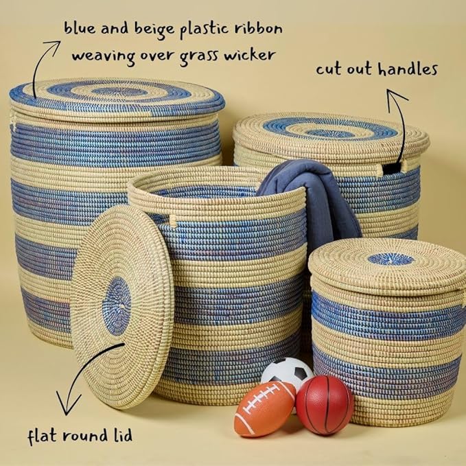 Storage & Organization - Laundry Basket, Bedroom Hamper, Nursery Toys Bin, Living Room Blankets Storage, Decorative, Wicker, Sturdy, Round, Handles, Woven, Blue Beige (Medium)