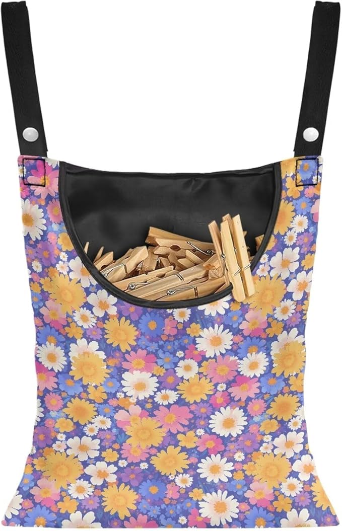 Clothespin Bag with Hanging Rope for Home Outdoor，Laundry Hanging Bag Fits Clothes Lines for Hanging Clothes Outside Balcony Bathroom Corridor Yard - Daisy Floral