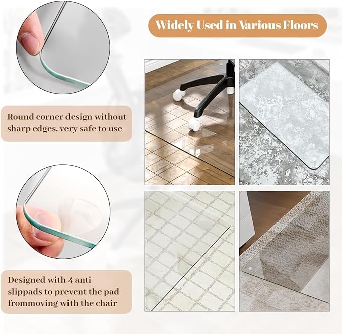 [Tempered Glass] 30" x 48" Glass Chair Mat, 1/5" Thick Office Chair Mat for Carpet or Hardwood Floor, Heavy Duty Hard Chair Mats with Round Corner and Polished Edge, Carpeted Floor Protector