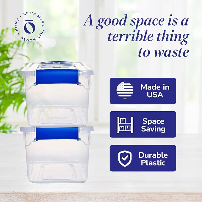 HOMZ 5-Pack Latching Lid, Clear Plastic Storage Organizer Bins, 7.5 Quart, Blue Latch - Stackable Organizing Containers for Home, Garage, and Office