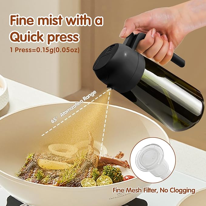 YARRAMATE 16oz/470ml 2PCS Light Blockage Dark Oil Sprayer for Cooking, 2 in 1 Olive Oil Dispenser Bottle for Kitchen, Green Glass Oil Bottle, Food-Grade Oil Mister for Air Fryer, BBQ (Black & White)