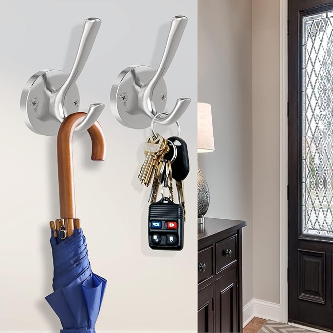 Brushed Nickel Robe Hooks Towel Hooks, 3 Pack Coat Hook Heavy Duty Mudroom Hook Double Bathrobe Hook Wall Mounted, Hat Hooks for Entryway Bathroom Kitchen Closet