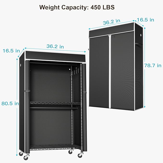 FUTASSI Clothing Rack with Cover, P1C Rolling Closets with Wheels, Metal Garment Rack for Hanging Clothes, Clothing Storage Wardrobe with Cover, 36.2" W x 16.5" D x 80.5" H, Black, Load 450 Pounds