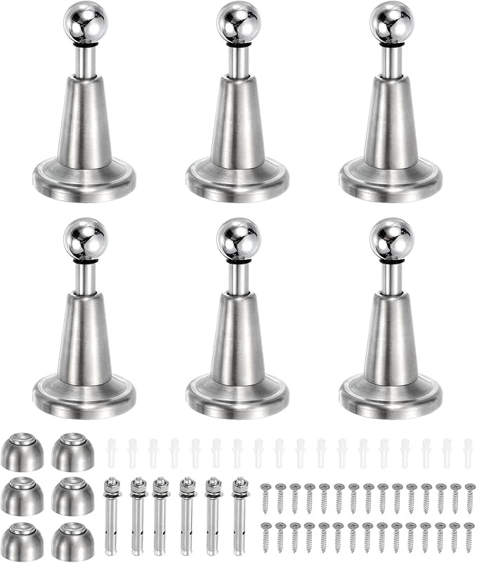 uxcell 6Pcs Magnetic Door Stopper, 304 Stainless Steel Magnetic Door Stop Catch, Soft-Catch Brushed Nickel Hold Door Open Wall Mount for Bottom of Door, Silver