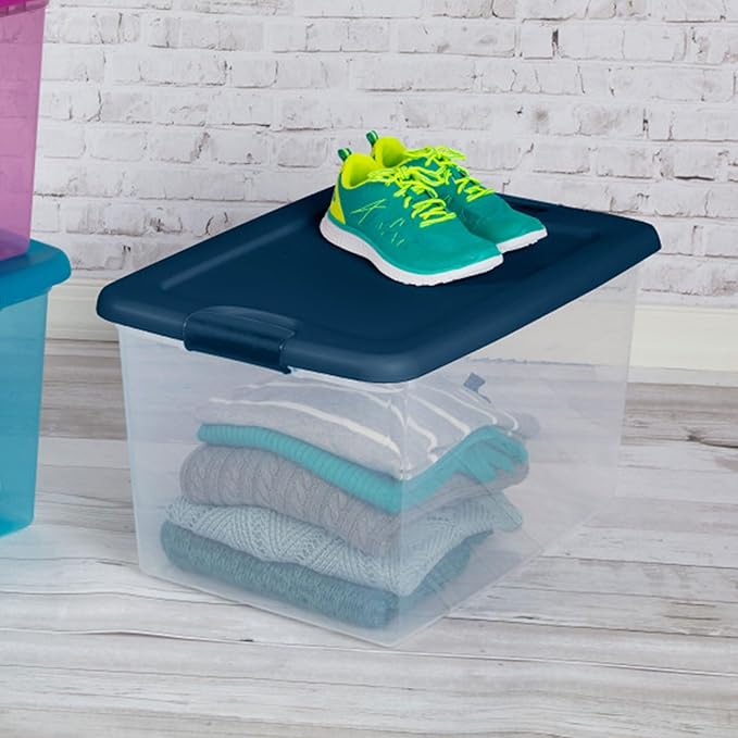 Sterilite 24-Pack Color Program, Large Clear Plastic Storage Bins with Lids, 64 Quart, Blue - Stackable Organizing Container Boxes for Closet, Bathroom, and Office