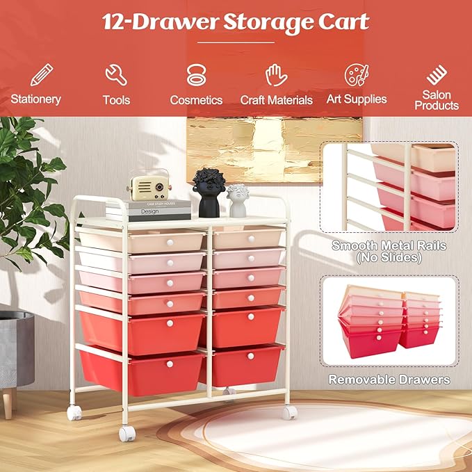 GOFLAME 12-Drawer Rolling Storage Cart, Multipurpose Organizer Cart with 2 Sizes Plastic Drawers, Mobile Utility Cart with Lockable Casters for School, Home Office, Beauty Salon, Gradient Pink