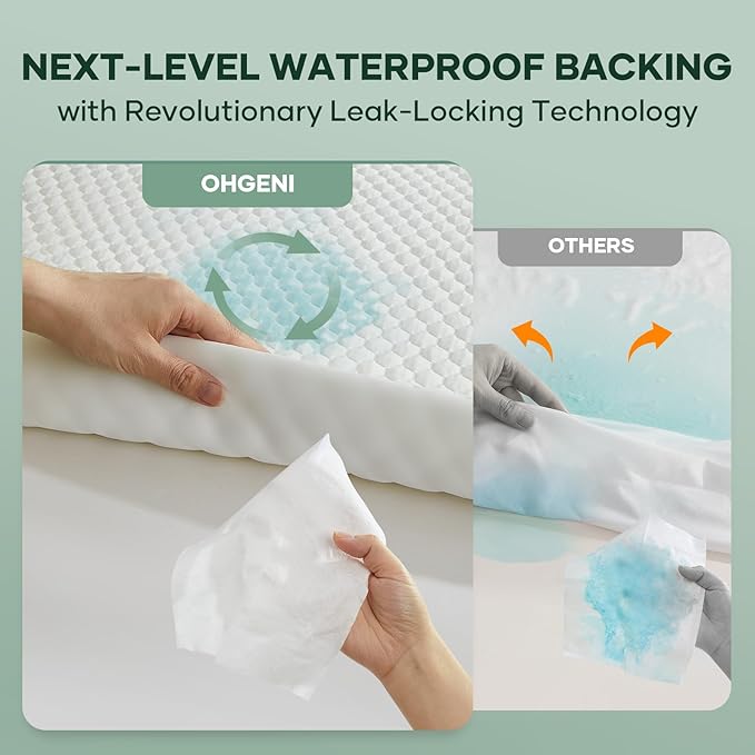 OhGeni 100% Waterproof Mattress Protector, Queen Size Mattress Pad, Fits 6"-20" Mattresses with Deep Pocket, Cooling, Breathable Fitted Sheets, Soft Bed Cover, Noiseless, Machine Washable
