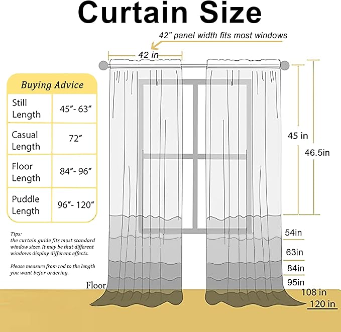 Chyhomenyc White Sheer Curtains 45 Inch Long 2 Panels, Short Voile Drapes for Dinning Small Windows Bathroom Living Room Bedroom, Rod Pocket, 42Wx45L Inches