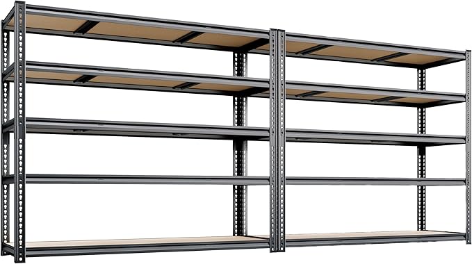 48"W Garage Shelving, 3050LBS Storage Shelves heavy duty, 5 Tier Metal Shelving Unit Adjustable Garage Shelves Heavy Duty Shelving for Warehouse,Commercial, Kitchen, 48" W × 18" D × 72" H, Black, 2PCS