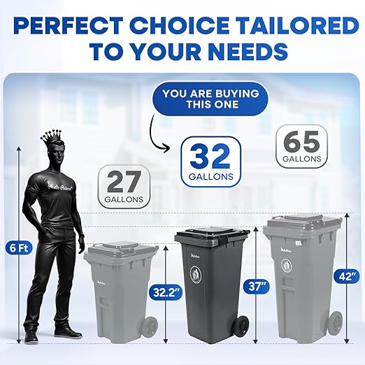 32 Gallon Trash Can with Wheels Outdoor Trash Can with Lid and Wheels Lockable Garbage Can Commercial Heavy-Duty Trash Bin Rolling, Plastic Gray