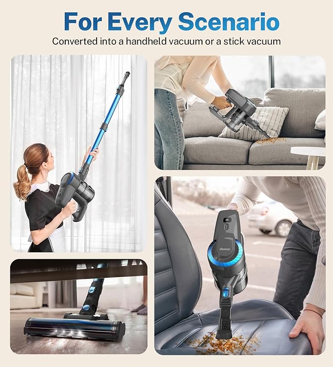 DEVOAC Cordless Vacuum Cleaner, Ultra-Lightweight Stick Vacuum, 2200mAh Battery Up to 40mins Runtime, 6 in 1 Powerful Handheld Vacuum for Home Hard Floor Carpet Pet Hair (Sky)