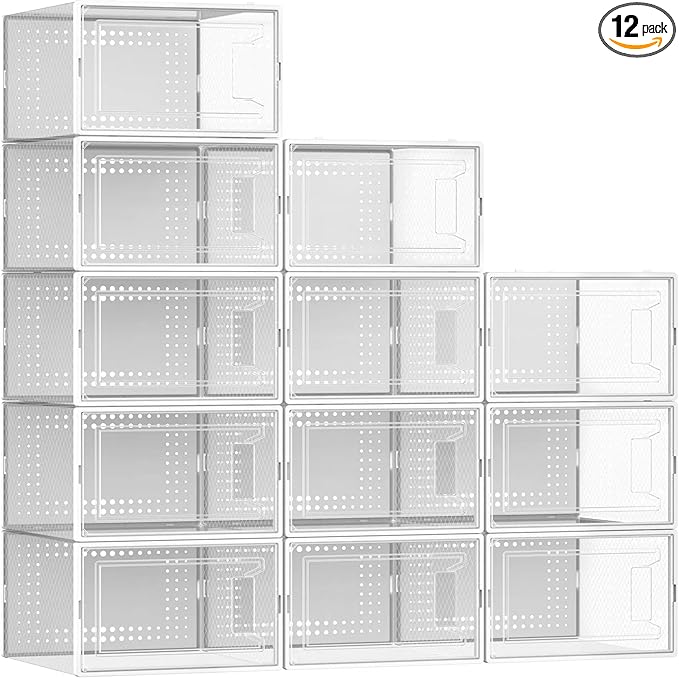 Secret Space 12 Pack X Large Shoe Organizer Storage Boxes for Closet, Modular Space Saving Shoe Boxes Clear Plastic Stackable Sneaker Containers Display Case with Lids, White