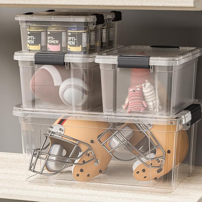 Superio Clear Storage Boxes with Lids, 49 Quart Plastic Container Bins for Organizing, Stackable Crates, BPA Free, Non Toxic, Odor Free, Organizers for Home, Office and Dorm, 4 Pack