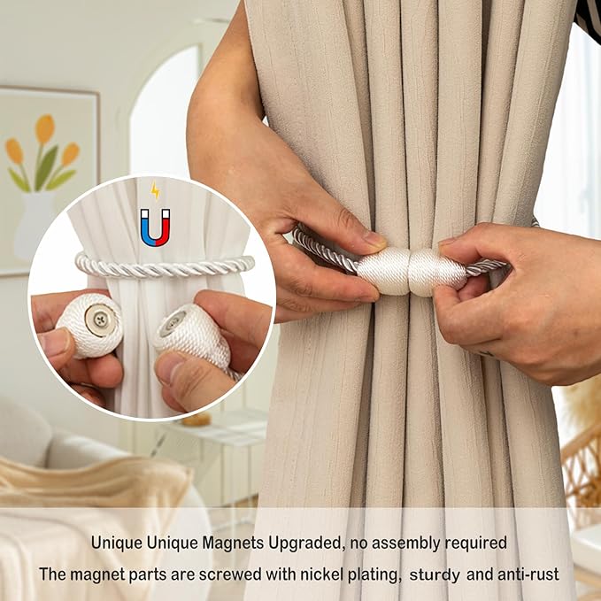 Magnetic Curtain Tiebacks - Rope Tie Backs for Curtains & Drapes - Decorative Window Holdbacks (6 Pack, White)