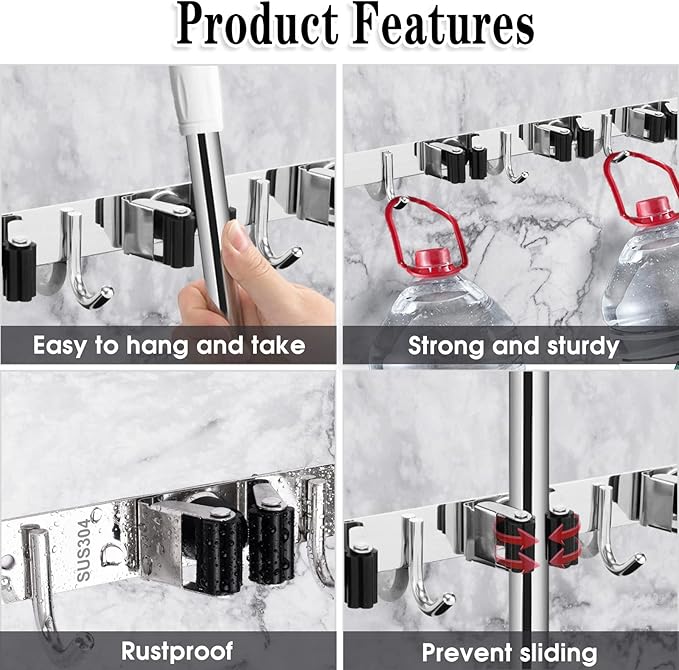 2 Pack Mop and Broom Holder Wall Mount, 5 Racks and 4 Hooks Broom Organizer Storage Tool Racks Stainless Steel Heavy Duty Hooks Self Adhesive Solid Non-slip for Home Kitchen Garden Laundry Garage