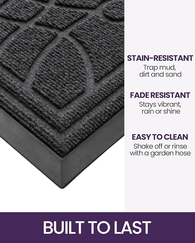 DEXI Front Door Mat Outside Entrance, Heavy Duty Non Slip Low Profile Doormat for Entryway, Trap Dirt and Moisture Welcome Mats, Easy Clean, Patio, Garage, 17x29, Grey