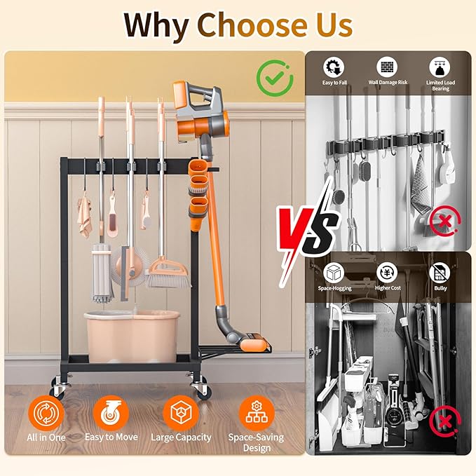 Cleaning Supplies Organizer with Broom Holder Load 160 LBS Cleaning Cart with Wheels Broom Closet Storage with 6 Mop Hanger Grippers, 3 Double-Hooks, Vacuum Stand for Laundry Garage Organization
