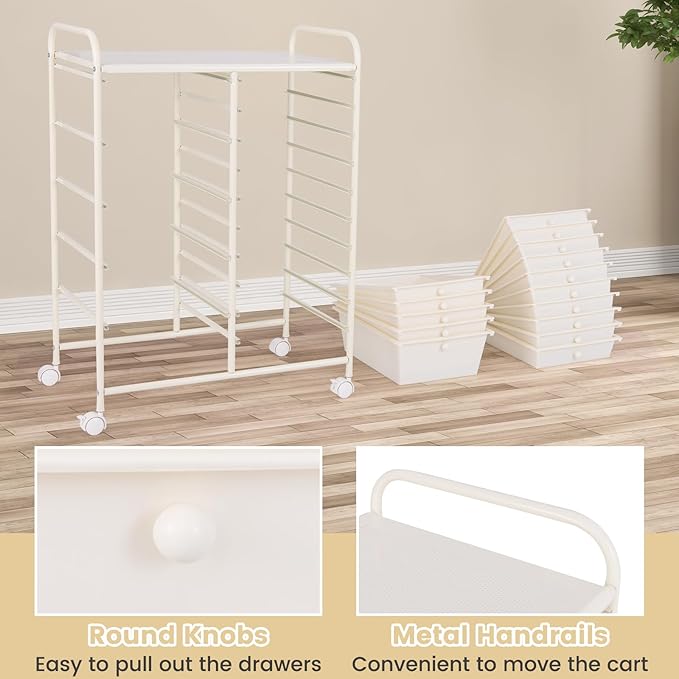 GOFLAME 15-Drawer Rolling Storage Cart, Multipurpose Movable Organizer Cart, Utility Cart for Home, Office, School, White