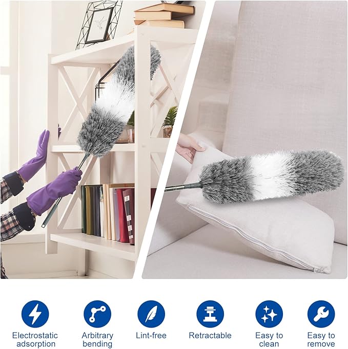 Microfiber Feather Dusters for Cleaning, Extendable Duster with 110" Extension Pole & 2pcs Replaceable Bendable Head, Cleaner Supplies Duster Tool for Ceiling Fan Furniture Cars Home Kitchen Gadgets