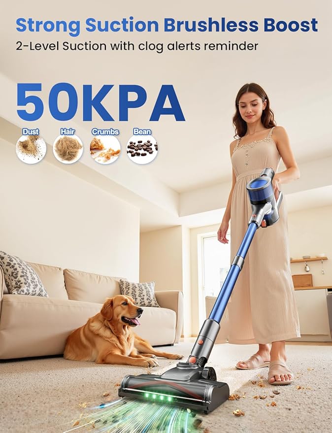 Dzaki Cordless Vacuum Cleaner, Stick Vacuum with Smart LED Display, 50KPA 55Mins Vacuum Cleaners for Home, Powerful Suction, Anti-Tangled Lightweight Rechargeable Vac for Pet Hair, Carpet, Hard Floor