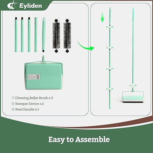 Eyliden X-Large Carpet Sweeper - Quiet Manual Sweeper for Carpets & Rugs | 1 Extra Refill Roller Brush | Non-Electric, Hand Push, Quietly Cleans Debris and Messes, Restaurant Roller Broom (Mint)