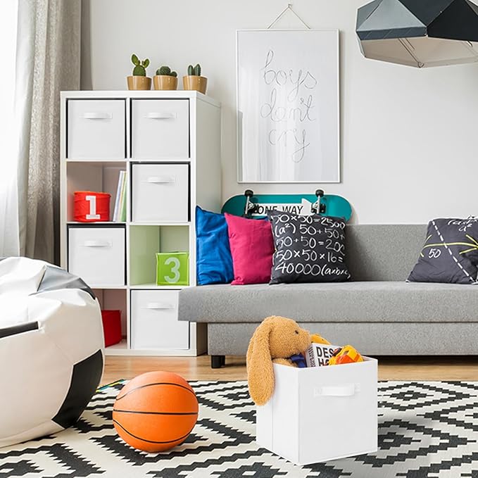 Stero Fabric Storage Bins 6 Pack Fun Colored Durable Storage Cubes with Handles Foldable Cube Baskets for Home, Kids Room, Closet and Toys Organization White