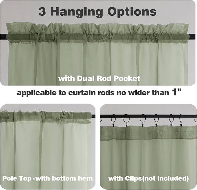 Chyhomenyc Sage Green Sheer Curtains 72 Inch Length 2 Panels, Light Filtering Airy Breathable Rod Pocket Voile Drapes for French Door Bedroom Living Room, Each 42x72 Inch
