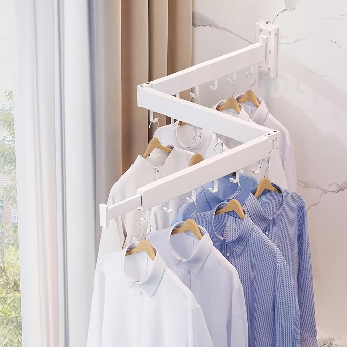 Wall Mounted Clothes Drying Rack, Collapsible, Folding, Retractable - Clothes Hanging Rack (Hooks, White)