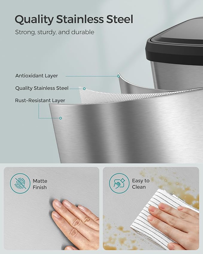 SONGMICS Kitchen Trash Can, 18-Gallon Stainless Steel Garbage Can, with Stay-Open Lid and Step-on Pedal, Soft Closure, Tall, Large and Space-Saving, Silver and Black ULTB520E68