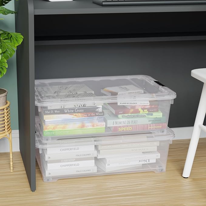 25 Quart Under Bed Clear Latch Bin with Wheel, Plastic Under Bed Storage Box, 4 Pack