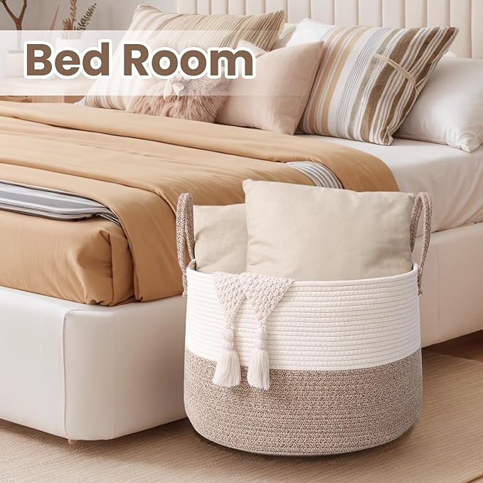 Woven Blanket Basket,65L Large Rope Storage Bin with Handles, Organizer for Blankets Toys Book and Clothes, Laundry Basket for Living Room Bedroom Nursery,White&Brown