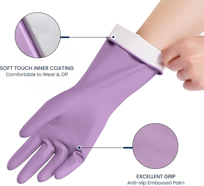 Rubber Cleaning Gloves for Dishwashing, 4 Pairs Reusable Kitchen Gloves for Washing Dishes and Household Cleaning, Colorful Dish Gloves with Flocked Lining and Non-Slip Grip, Pefect for Woman Men - L