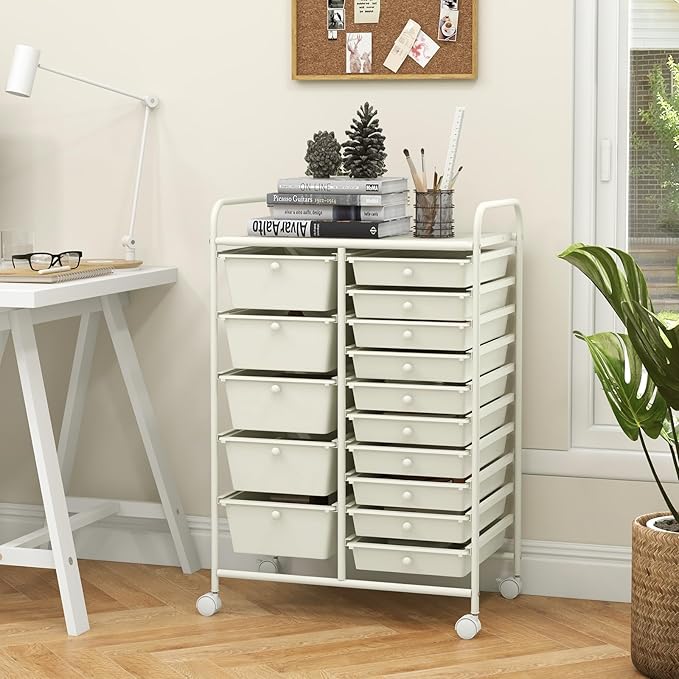 GOFLAME 15-Drawer Rolling Storage Cart, Multipurpose Movable Organizer Cart, Utility Cart for Home, Office, School, White