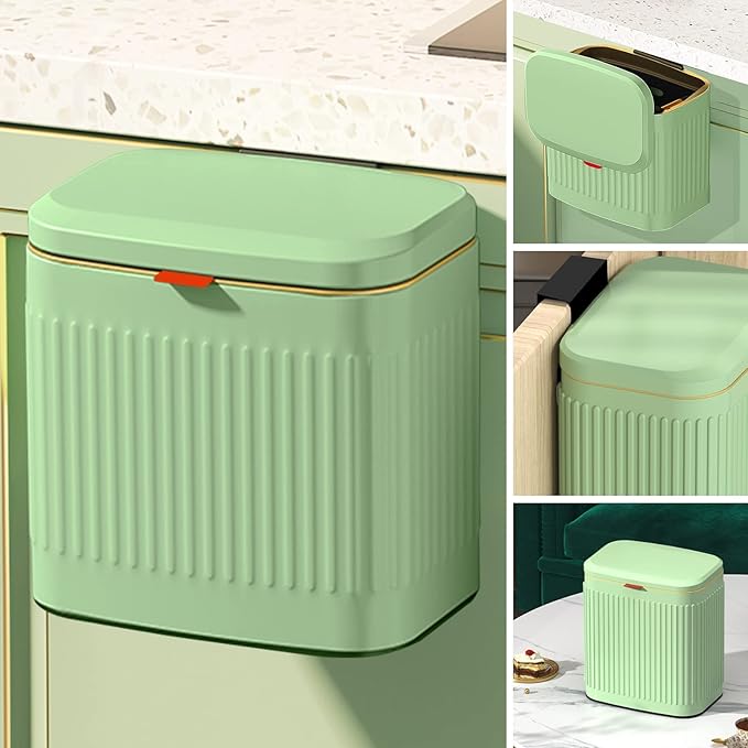 GloDeals Kitchen Small Trash Can with Lid, Compost Bin Countertop, Wall-Mounted Under Sink Hanging Trash Bin for Kitchen, Bathroom, Cabinet Trash Can (1.05 Gallon, 4L Vintage Green)