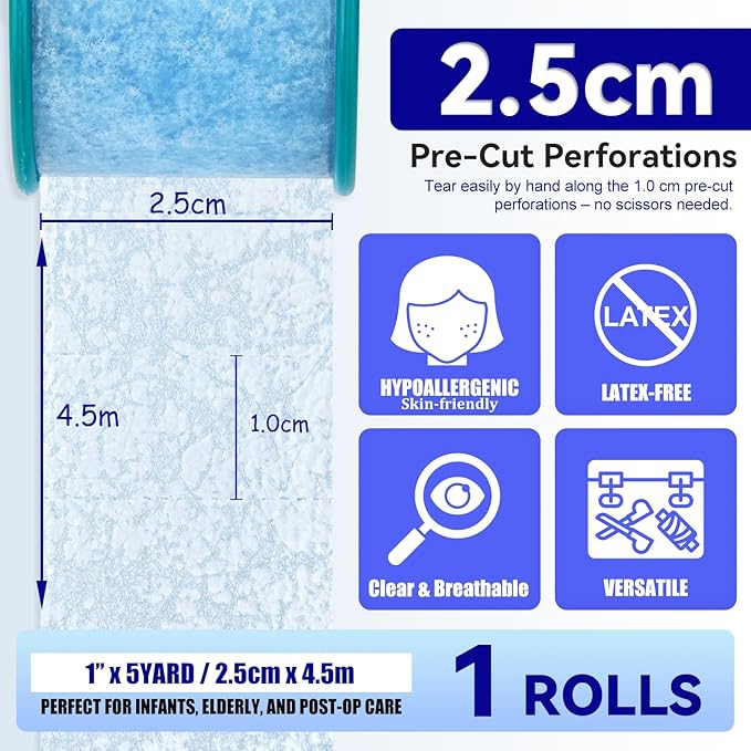 FRESINIDER Silicone Medical Tape – 1" x 5 Yard Blue 1 Roll, Pre-Cut, Waterproof & Repositionable, Pain-Free Removal, Hypoallergenic Adhesive for Sensitive Skin, Wound Care & First Aid Use