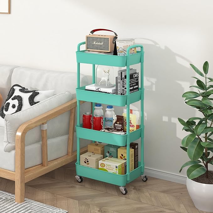 Sywhitta 4-Tier Plastic Rolling Utility Cart with Handle, Multi-Functional Storage Trolley for Office, Living Room, Kitchen, Movable Storage Organizer with Wheels, Green