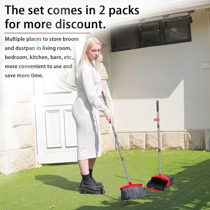 2-Pack is More economical，Broom and Dustpan， with 52" Long Handle, Dustpan Teeth with self-Cleaning Function, Indoor and Outdoor Sweeping, Perfect for Home Office