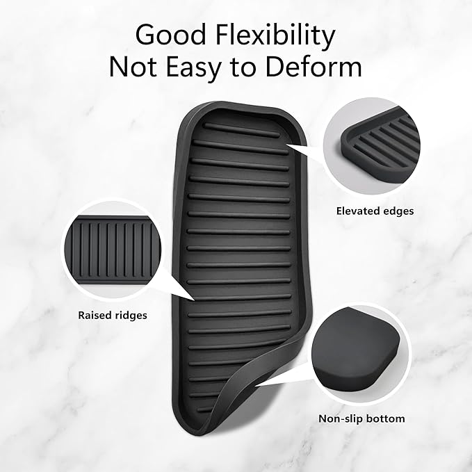 Silicone Sponge Holder Kitchen Sink Organizer Tray Dish Caddy Soap Dispenser, Scrubber Spoon Holder, Dishwashing Accessories (Black, 2 Pack)