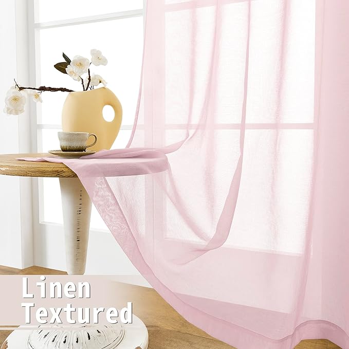 Tollpiz Sheer Door Curtain Closet Linen Textured Curtains Sheer Doorway Light Filtering Voile Patio Glass Door Rod Pocket Curtain French Door, 54 x 72 inches Long, Pink, Set of 1 Panel