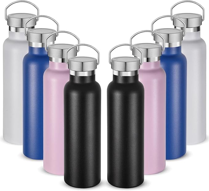 Neihepal 20 oz Insulated Water Bottles Bulk 8 Pack,Stainless Steel Double Wall Sport Bottle with Lid of Handle,Metal Reusable Flask for School,Cyclists,Hikers,Gift (Mix,Set of 8)