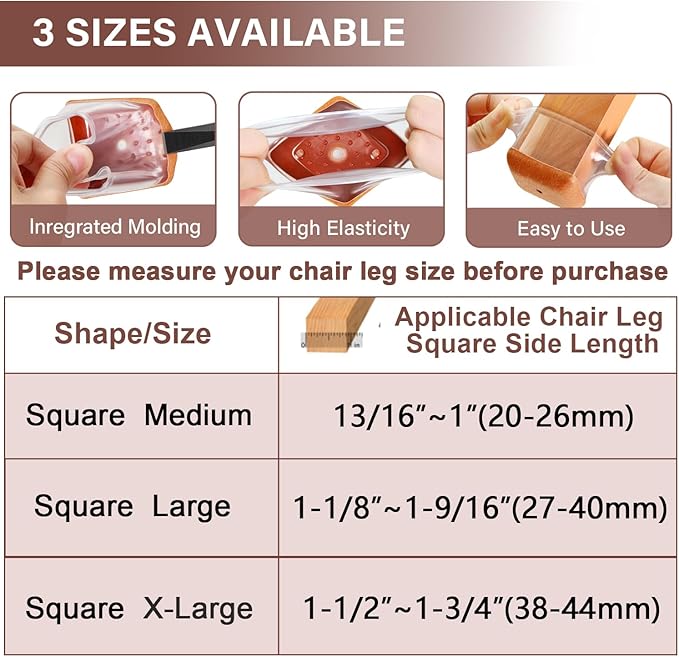 Chair Leg Floor Protectors Chair Leg Protectors for Hardwood Floors Silicone Caps Felt Strengthen Bottom Protection Anti-Scratch Reduce Noise 32 Pack Clear Square XL Fit:1-1/2" to 1-3/4" (38-44mm)