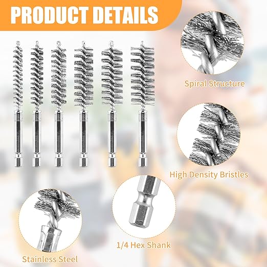 6Pieces Wire Brush Drill Bore Cleaning Brushes Set,with 1/4 Inch Hex Shank Stainless Steel Wire Twisted Brush for Rust, Cleaning Tubes (8/10/12/15/17/19MM) ﻿