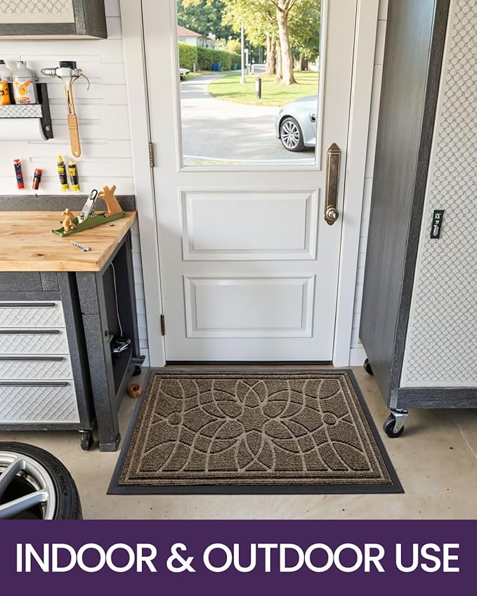 DEXI Front Door Mat Outside Entrance, Heavy Duty Non Slip Low Profile Doormat for Entryway, Trap Dirt and Moisture Welcome Mats, Easy Clean, Patio, Garage, 17x29, Brown